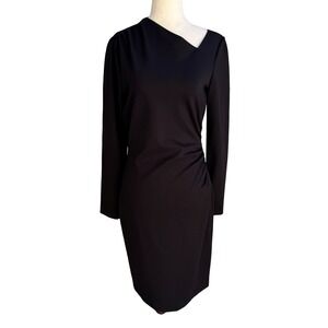 Elie Tahari Mozelle Asymmetrical Neck Ruched Minimalist Sheath Dress LBD Black 6